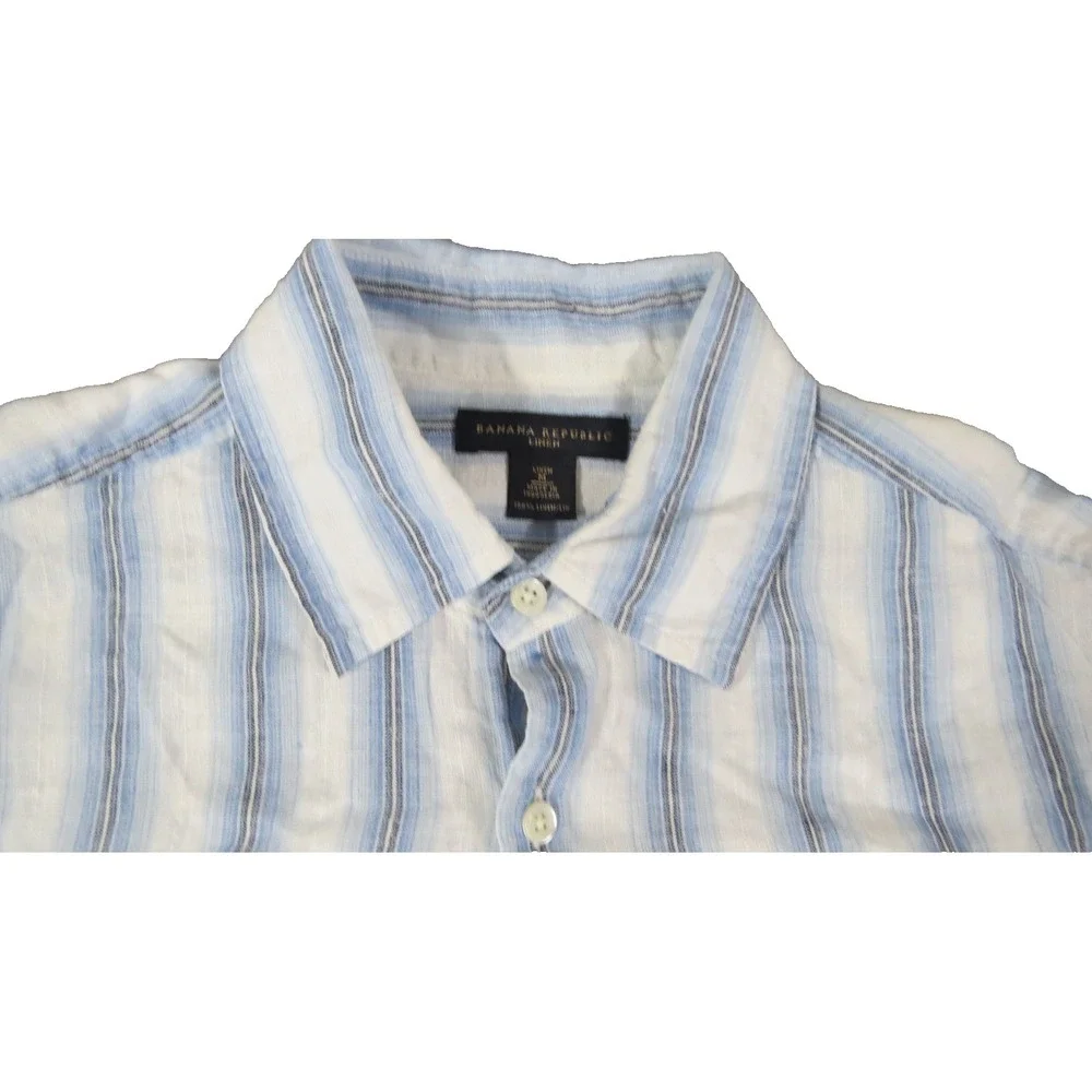 Banana Republic Shirt Short Sleeve Stripe 100% Linen Casual Men M Blue White SS
